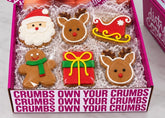 Six decorated Christmas cookies: Santa, two reindeer, a sleigh, a gingerbread guy and a present