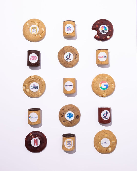 Branded stuffed cookies and cookie shots with custom company logos, Dirty Cookie corporate gifts