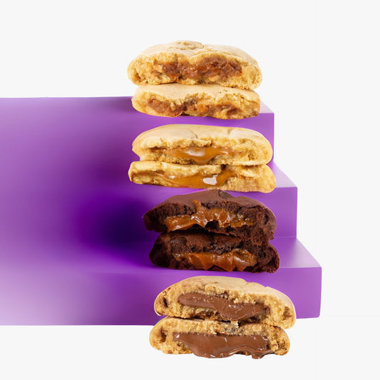 Dirty Cookie stuffed cookie assortment: hazelnut, white chocolate cookie butter, PB and J and double chocolate salted caramel